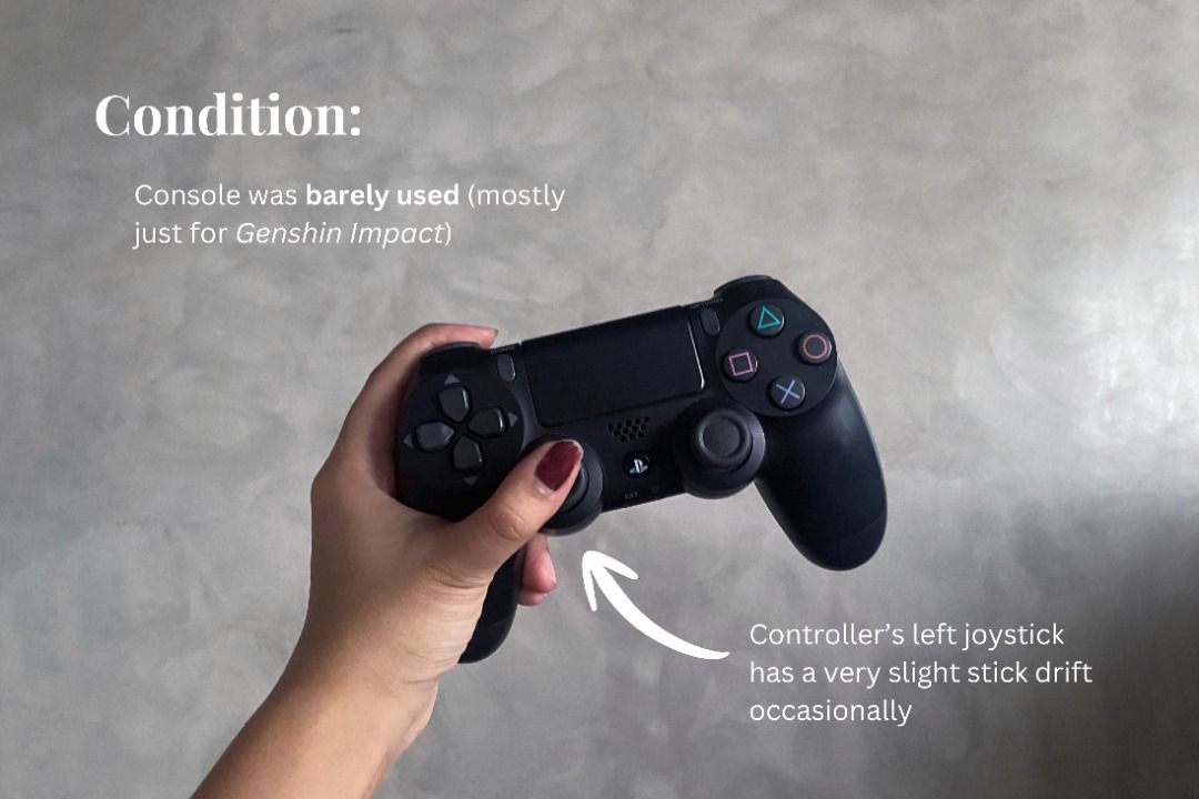 PLAYSTATION 4 (PS4) SLIM CONSOLE 500G (JET BLACK) (Category: PlayStation) located in Caloocan City. Submitted by eurydeceased (Listing ID 1447165122, Image 3). Description: BUNDLE A (Php 8,999): includes the console, one (x1) DualShock 4 controller, the power cord, and four games (Gran Turismo, both Horizon games, and AC: Odyssey) BUNDLE B (Php 7,499): just the console, controller, and power cord. Barely used. Bought around the end of pandemic er