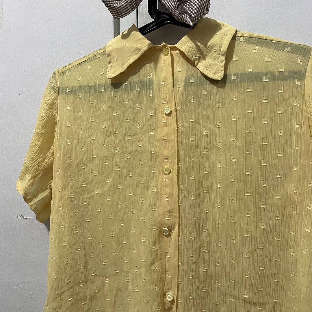 Sheer Yellow Short Sleeves Polo (Category: Shirts) located in Quezon City. Submitted by declutteriea (Listing ID 1447252256, Image 2). Description: notes: - sakto lang sakin, i'm a medium! - super presko - tiny red stains in front but are barely noticeable - no when worn pics :) mop: gcash mod: j&t, flash, ggx.