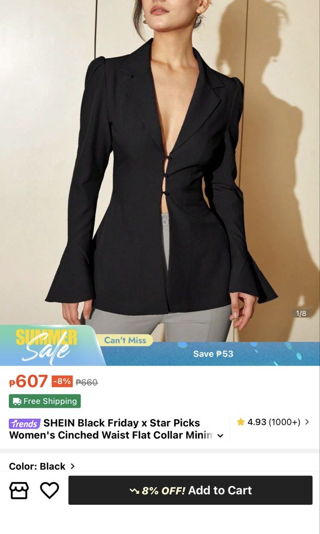 SHEIN Black Cinched Waist Flared Sleeve Blazer (Large) (Category: Coats, Jackets and Outerwear) located in Caloocan City. Submitted by phoebesayo (Listing ID 1447119832, Image 1). Description: - Stylish black blazer from SHEIN - Cinched waist for a flattering silhouette - Elegant flared sleeves - Deep V-neckline with button closure - Perfect for dressing up or down.