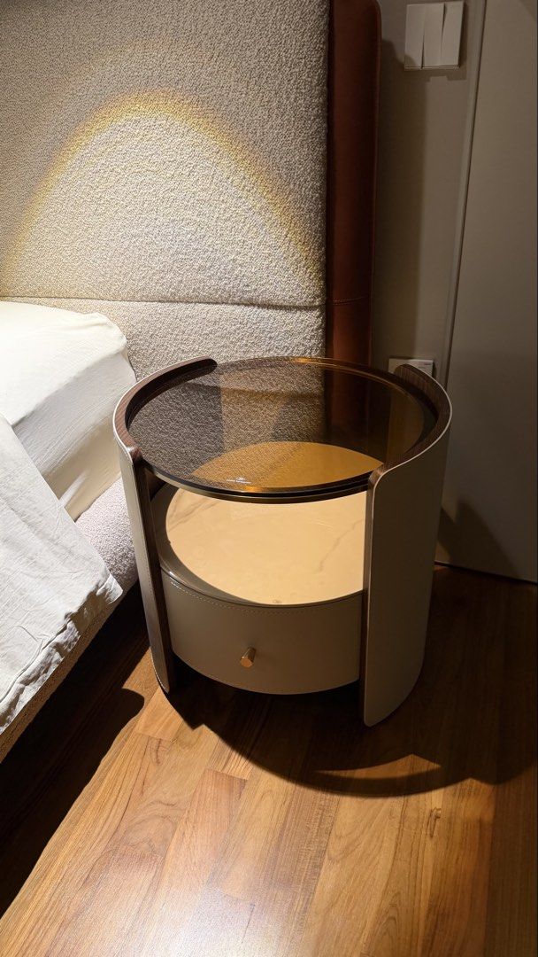 Side table (Category: Tables & Sets) located in Singapore. Submitted by ksrich (Listing ID 1447225610, Image 2). Description: A very luxurious tempered glass and sintered stone side table. Comes with a nicely crafted interior leather finishes drawer. .