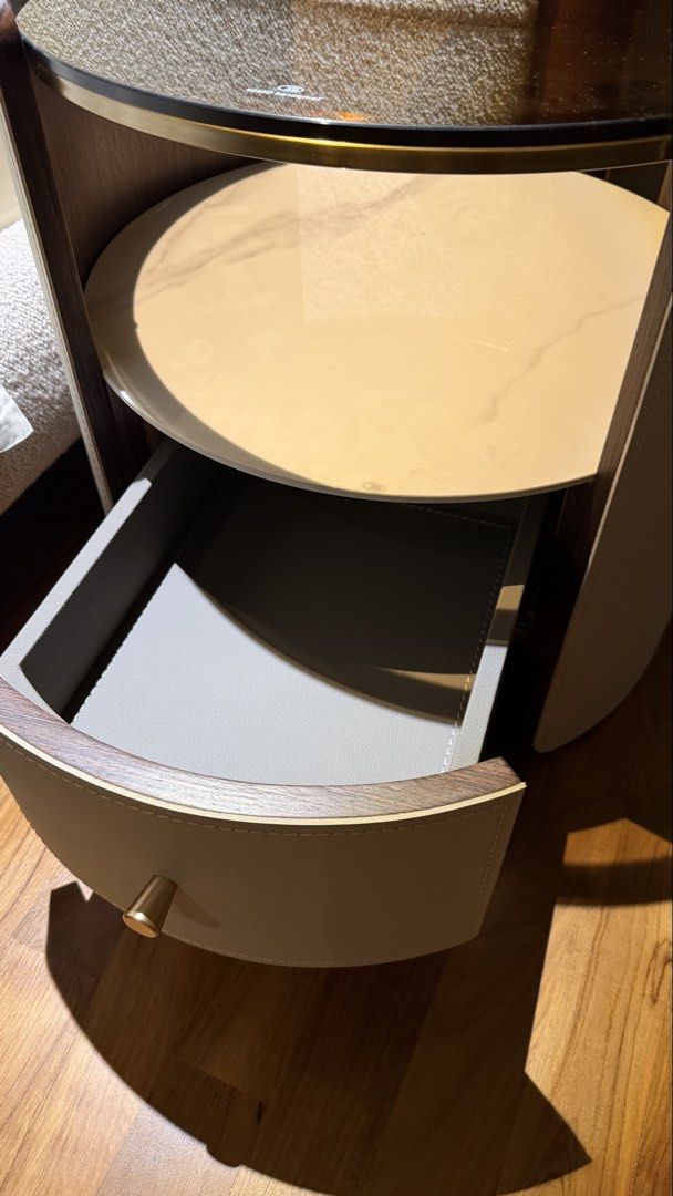 Side table (Category: Tables & Sets) located in Singapore. Submitted by ksrich (Listing ID 1447225610, Image 3). Description: A very luxurious tempered glass and sintered stone side table. Comes with a nicely crafted interior leather finishes drawer. .