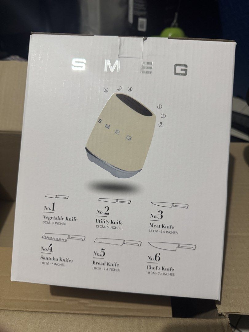 SMEG Knife Block Set with 6 Knives (lay-away accepted) (Category: Knives & Chopping Boards) located in Mandaluyong City. Submitted by kendykeyn (Listing ID 1447261715, Image 1). Description: No receipt since I bought this under SG pasabuy last April, and I just got it 1st week of July, wala ko sana ko plan isell but post ko muna since hindi ko pa magagamit sa current kitchen namin kaya when I ask my pasabuy seller if they can provide receipt, wal