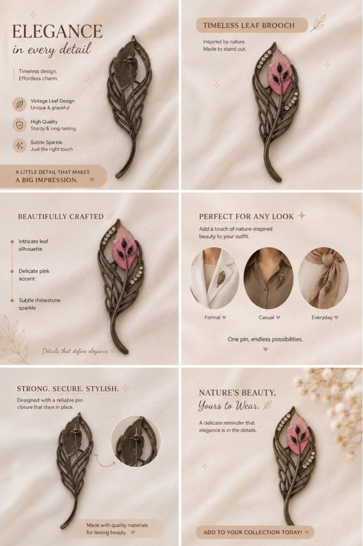 Timeless Leaf Brooch - Vintage Design, Pink Accent (Category: Brooches) located in Tabuk. Submitted by zenwolf-1867 (Listing ID 1447263074, Image 1). Description: - Unique vintage leaf silhouette design - Delicate pink accent and subtle rhinestone sparkle - High quality and sturdy construction - Reliable pin closure for secure wear - Graceful and eye-catching accessory.