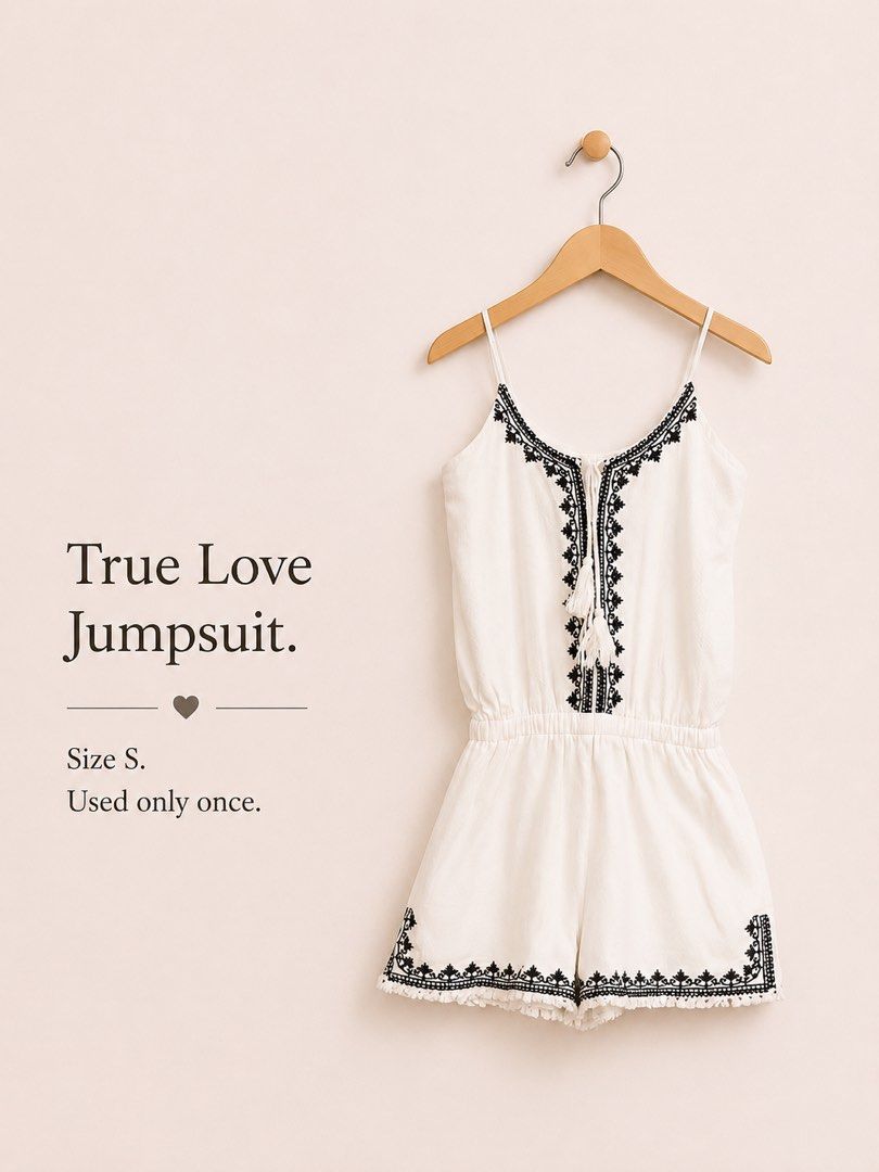 White Jumpsuit with Black Embroidery (Category: Jumpsuits) located in Bacolor. Submitted by jslpnd (Listing ID 1447231381, Image 1). Description: - Chic white jumpsuit - Features intricate black embroidery details - Flattering tie-up front - Comfortable elastic waist - Adorable embroidered trim at the hem - Size: Small (S) - Condition: Worn only once.