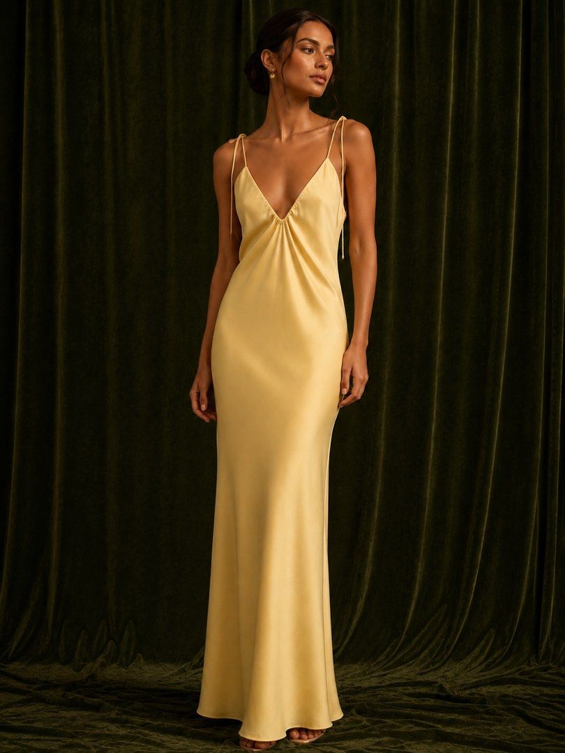 Yellow self tie dress (Category: Evening dresses & gowns) located in Cebu City. Submitted by copherlook (Listing ID 1447222962, Image 1). Description: Featured in a vibrant canary yellow with delicate spaghetti straps and a flowing silhouette..