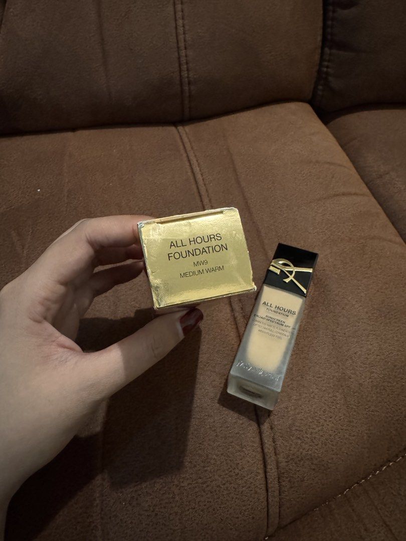 Yves Saint Laurent All Hours Foundation MW9 Medium Warm (Category: Makeup) located in Manila. Submitted by slvs1207 (Listing ID 1447287847, Image 2). Description: - YSL All Hours Foundation - Shade: MW9 Medium Warm - SPF 20 - Longwear matte finish - Full coverage, weightless feel - Includes original box - Achieve a flawless look.