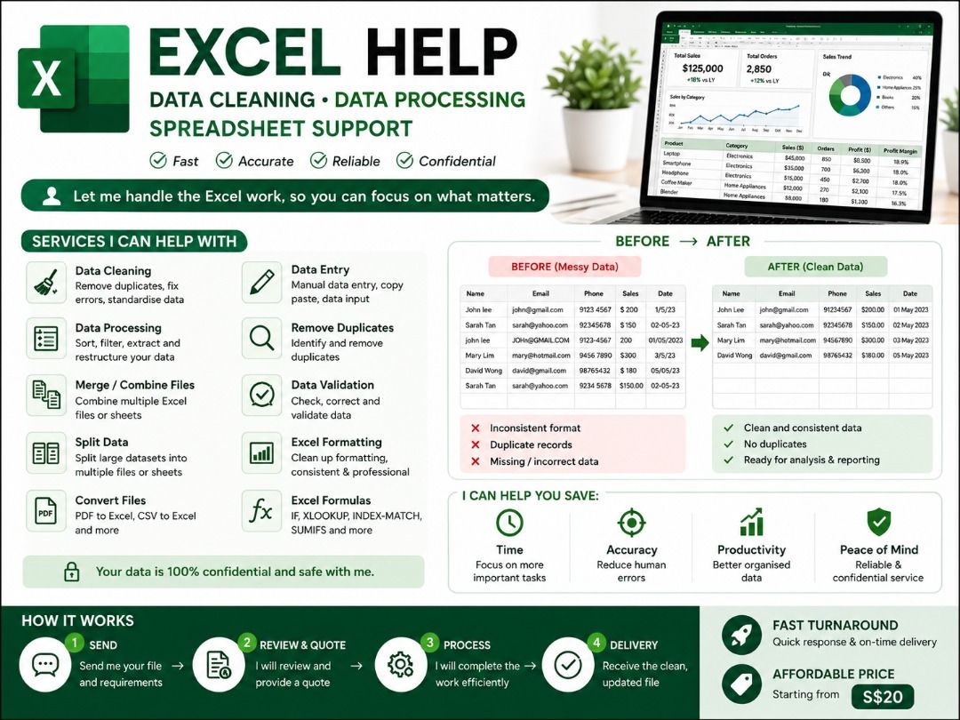 📊 Excel Help | Data Cleaning | Data Processing | Spreadsheet Support (Category: Office & Business Technology) located in Singapore. Submitted by emilydatasolutions (Listing ID 1450772912, Image 1). Description: 📊 Excel Help | Data Cleaning | Data Processing | Spreadsheet Support Transform messy spreadsheets into clean, organised and meaningful data. Need help cleaning, organising or processing your Excel files? I provide reliable Excel support 