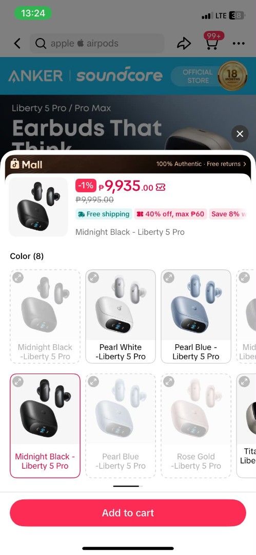 Anker Soundcore Liberty 5 Pro Midnight Black (Category: Earphones) located in Valenzuela. Submitted by joydcruz (Listing ID 1450900656, Image 1). Description: - Anker Soundcore Liberty 5 Pro earbuds - Color: Midnight Black - Features: Whisper-clear calls, Active Noise Cancellation (ANC) for pure silence - Type: True wireless stereo - Includes: Charging case - Benefit: Great sound quality.
