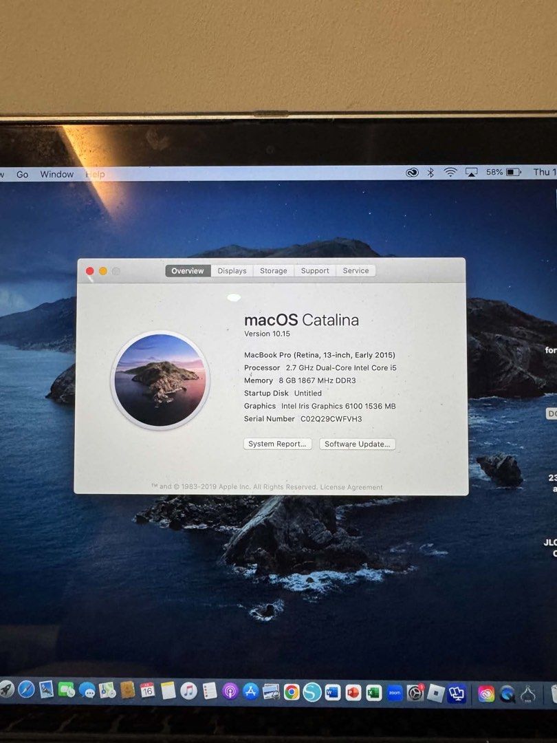 Apple MacBook Pro Retina 13-inch Early 2015 (Category: Laptops & Notebooks) located in Bulacan. Submitted by klutterbykoko (Listing ID 1450832624, Image 3). Description: - MacBook Pro Retina 13-inch, Early 2015 Model - Runs macOS Catalina - 2.7 GHz Dual-Core Intel Core i5 Processor - 8 GB 1867 MHz DDR3 Memory - 121 GB Flash Storage (120.99 GB available) - Serial Number: C02Q2WFNVKH3 - Ideal for everyday tasks and productivity - Bought in 2015 - N