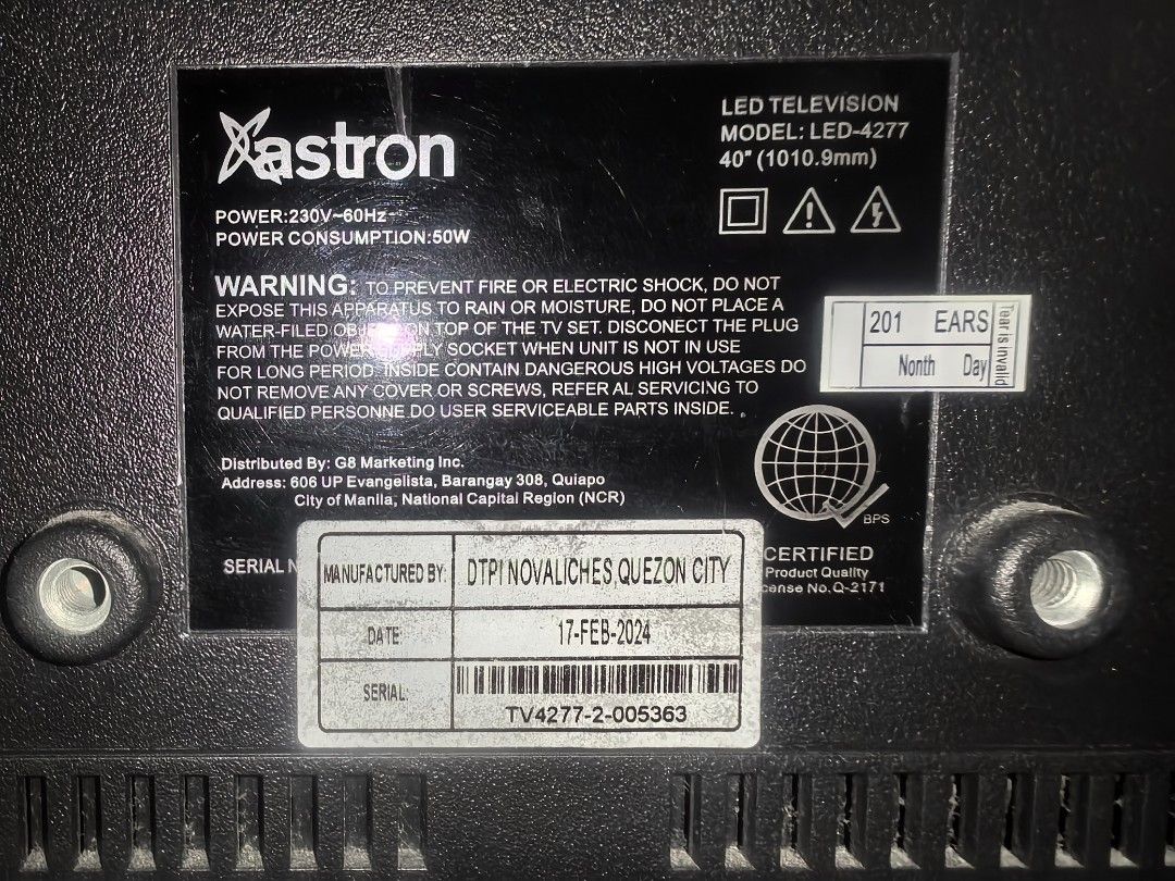 Astron LED Television 40" Model: LED-4277 (Category: TV) located in Manila. Submitted by ichikabuti (Listing ID 1450930278, Image 3). Description: ​Price: ₱7,500 ​Description: Selling our pre-loved Astron 40" Full HD Smart TV (Model: LED-4277). Still in excellent physical and functional condition ​Key Features: ​Screen Size: 40 inches (Full HD resolution) ​Connectivity: Built-in Wi-Fi & LAN port ​Apps: Netflix and YouTube ready, screen-mirroring 