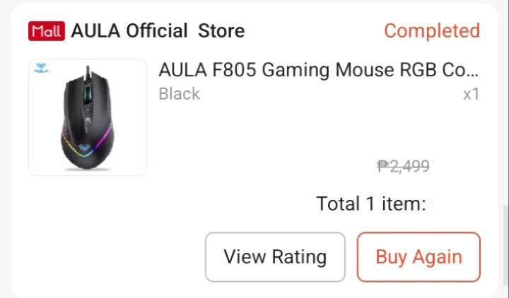 AULA F805 Gaming Mouse RGB (Category: Mouse & Mousepads) located in Manila. Submitted by nat-nd123 (Listing ID 1450806087, Image 3). Description: - AULA F805 Gaming Mouse - Color: Black - Features vibrant RGB lighting - Includes original box - Ideal for an enhanced gaming experience Used for 1 month only Original Shoppe Price - 450 RFS: Not Using Anymore.