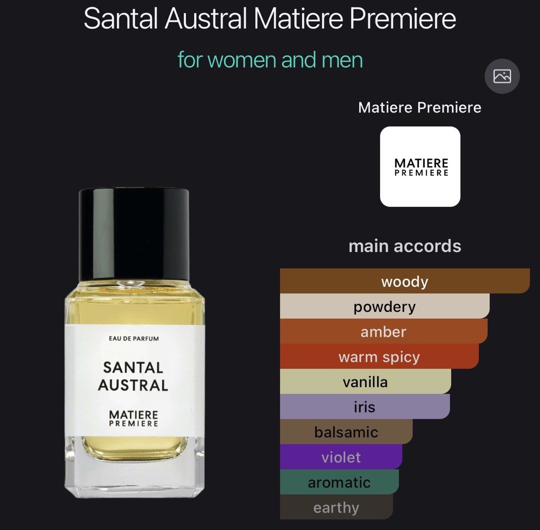 Authentic Matiere Premiere Santal Austral 6ml - Mini, Dab (Category: Fragrance & Deodorants) located in Angeles City. Submitted by packedbywow (Listing ID 1448141169, Image 2). Description: Santal Austral by Matiere Premiere 6ml Eau de Parfum with spray • Vegan • Phthalate free • Without any colouring agent • Perfumes contain between 85% and 92% natural ingredients Olfactive Family - Woods Perfumer - Aurélien Guichard Santal Austral was conceived