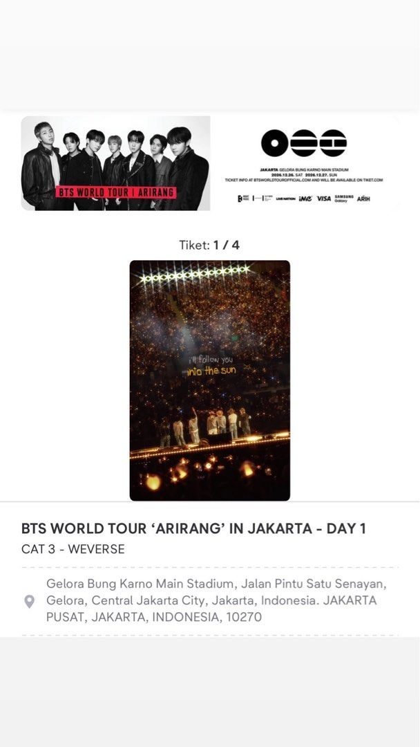 BTS arirang day 1 cat 3 (Kategori: Tiket Acara) berada di Jakarta Timur. Dikirim oleh wsa_91 (ID iklan 1450789919, Gambar 1). Deskripsi: Saya ada 4 tiket ya,,trusted no scam.