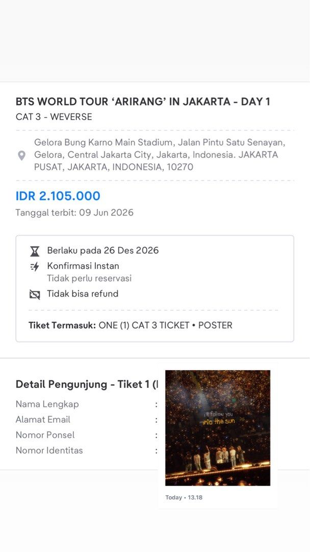 BTS arirang day 1 cat 3 (Kategori: Tiket Acara) berada di Jakarta Timur. Dikirim oleh wsa_91 (ID iklan 1450789919, Gambar 2). Deskripsi: Saya ada 4 tiket ya,,trusted no scam.