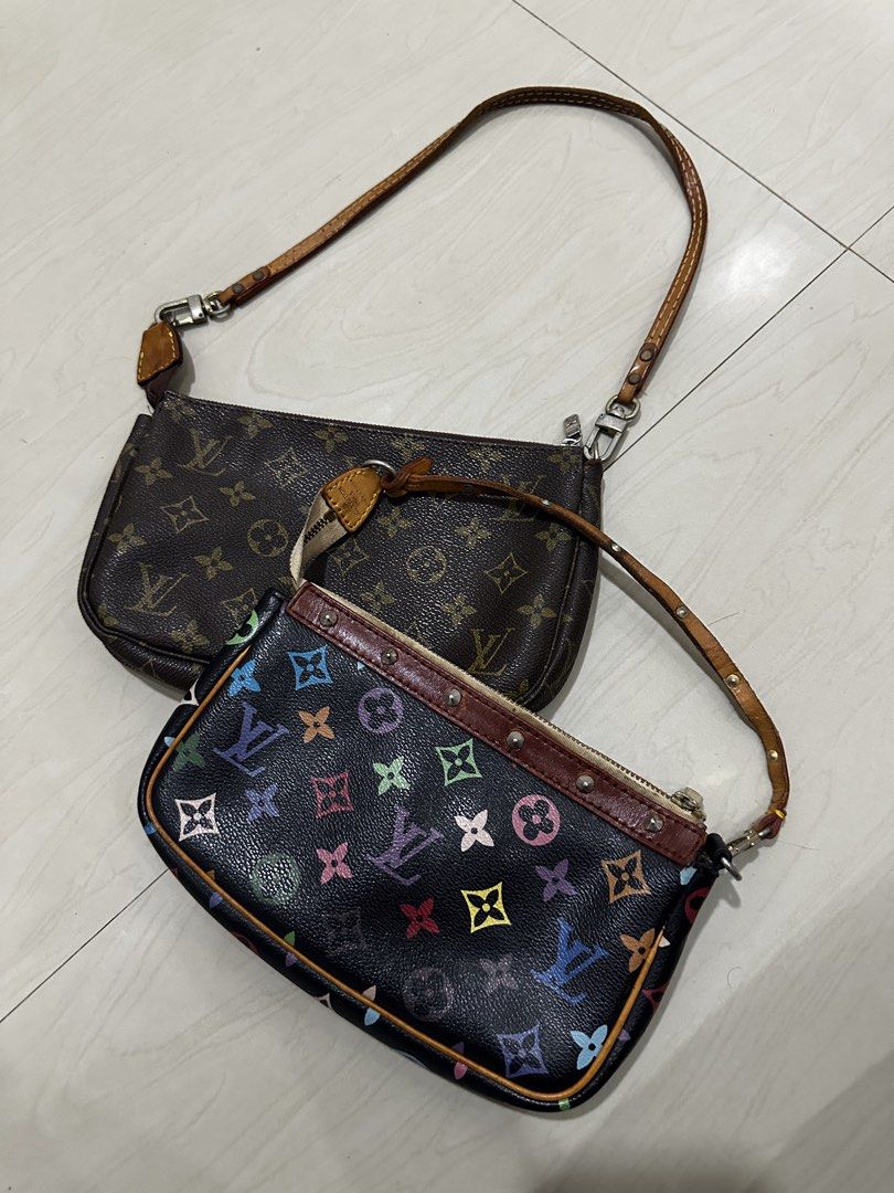 Bundle Sale Louis Vuitton Monogram & Multicolor Pochette Set (Category: Luxury Bags & Wallets) located in Quezon City. Submitted by retroboominwantsummoh (Listing ID 1450827418, Image 1). Description: - Two Louis Vuitton pouches available: classic monogram and vibrant multicolor. - Both feature durable leather straps and secure zip closures. - Hardware exhibits some signs of wear, adding character. - Interior lining is visible in one of the provi