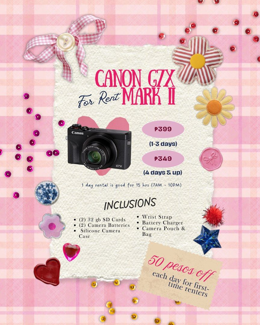 Canon G7X Mark II Camera FOR RENT (Category: Cameras) located in Tarlac. Submitted by wekewl (Listing ID 1450852117, Image 1). Description: 📸 instagram: @camistrymnl Looking for a compact camera that delivers amazing photos and videos? Rent our Canon G7X for your next trip, event, or content shoot! ✨ Please read before booking: • The camera is fully functional. • Kindly note that the LCD screen has a crack. This is only on the screen and does no