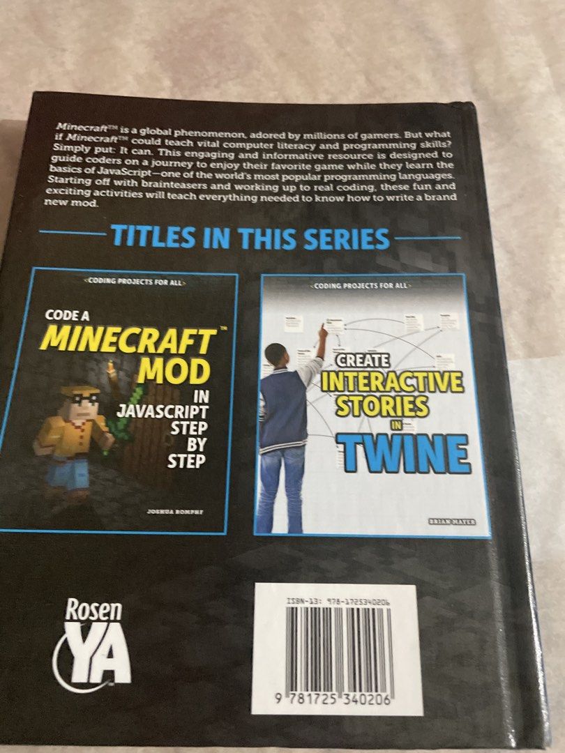 Code a Minecraft Mod in JavaScript Step by Step Book （分類：教科書）位於 Hong Kong。 由 rarewind.0b6c25 提交（商品編號 1450809416，圖片 2）。簡介： Learn to code Minecraft mods with this step-by-step guide. Uses JavaScript. Great for beginners interested in coding and Minecraft. Covers basic concepts and projects. Published by No Starch Press. Fun and educational.。