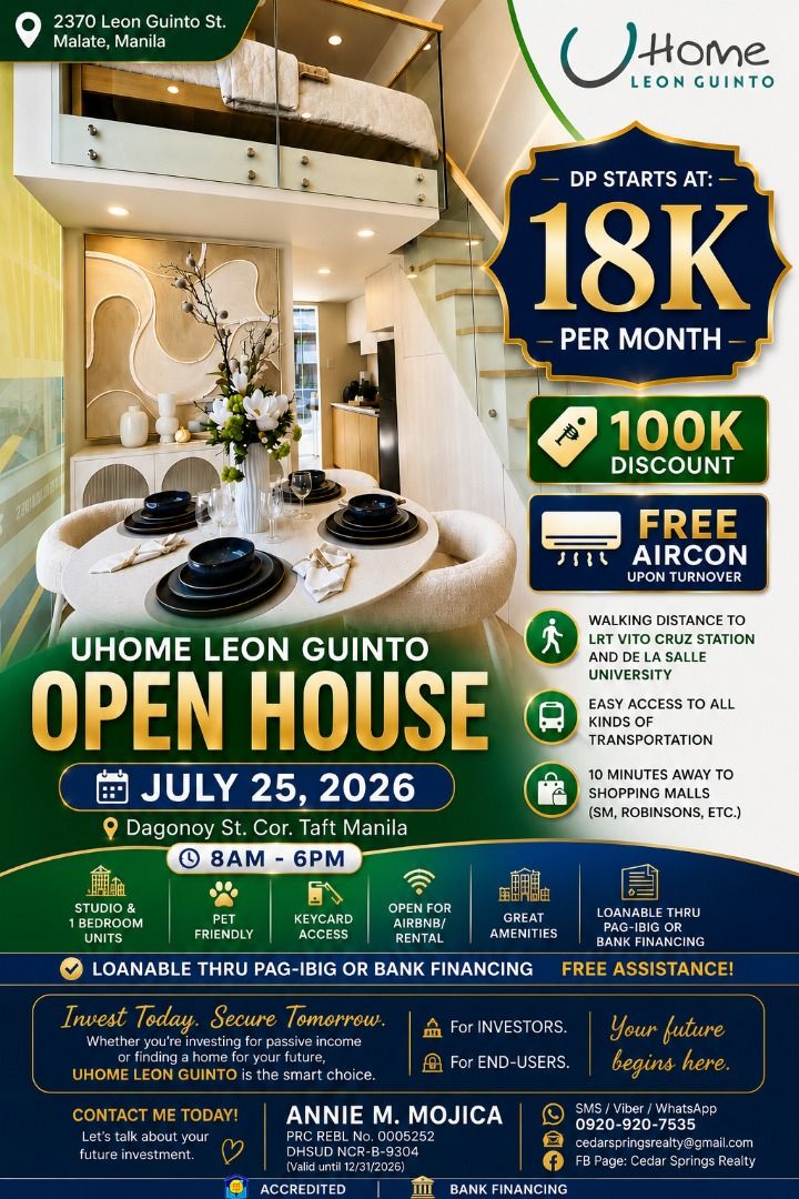 Condormitel UHomes Leon Guinto (Category: Apartments & Condos) located in Manila. Submitted by cedarspring_realty7887 (Listing ID 1449058102, Image 1). Description: INVEST WHERE DEMAND NEVER STOPS. Your Smartest Real Estate Investment Starts Here. UHomes Leon Guinto – Malate, Manila Own a premium condominium in one of Manila's most strategic and high-demand locations—perfect for investors, OFWs, parents with children studying in Manila, and young