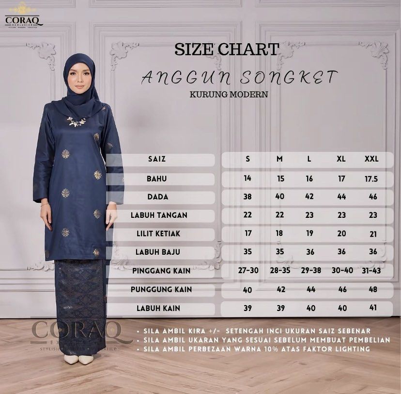 CORAQ EXCLUSIVE Anggun Songket Kurung Modern Baju Kurung (Category: Baju Kurung & sets) located in Gombak. Submitted by pureeagle_28f1ce (Listing ID 1450873125, Image 2). Description: - CORAQ EXCLUSIVE Anggun Songket Kurung Modern - Features beautiful songket detailing - Available in soft yellow gold and navy blue - Please refer to the size chart for accurate measurements - Crafted from quality fabric for ultimate comfort and style.