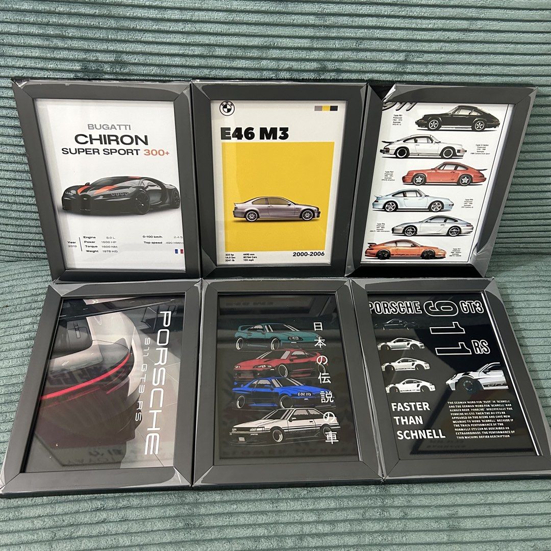 Framed Mini Car Prints - Bugatti, Porsche, BMW M3 (Category: Vehicle & Diecast Models) located in Cavite. Submitted by _schmyla (Listing ID 1450840006, Image 1). Description: - Set of 6 framed car art prints - Features iconic cars: Bugatti Chiron, BMW E46 M3, various Porsche models (including 911 GT3 RS) - Includes a print showcasing Japanese classic cars - Ideal for car enthusiasts and man cave decor - Each print is framed and ready to hang.