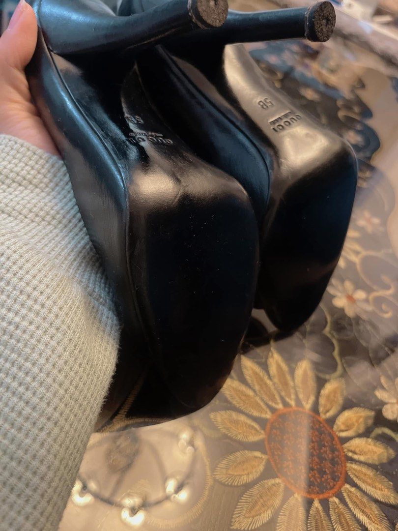 Gucci Black Leather Peep-Toe Heels (Category: Heels) located in Las Pinas. Submitted by japanthriftstore (Listing ID 1450845859, Image 2). Description: - Brand: Gucci - Material: Black Leather - Style: Peep-toe Heels - Size: 5B - Origin: Made in Italy - Features: Classic, versatile style..
