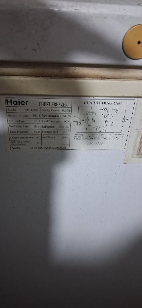 Haier Chest Freezer BD - 106H (Category: Refrigerators and Freezers) located in Cavite. Submitted by dj1987 (Listing ID 1450762240, Image 2). Description: - Haier BD - 106H Chest Freezer - Freezing Capacity: 9kg/24h - Power Consumption: 90W - Rated Voltage: 220V - Rated Frequency: 60Hz - Includes wire basket - Functional, with visible rust and wear marks on exterior and interior - Ideal for start up business - non-inverter -for pick up / delivery
