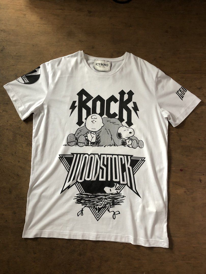 Iceberg Rock Woodstock (Category: Activewear) located in Davao. Submitted by blufinds (Listing ID 1450751438, Image 3). Description: This white Iceberg T-shirt features a prominent “Rock Woodstock” graphic with Charlie Brown and Snoopy.