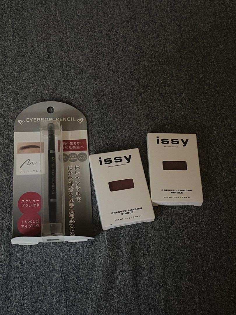 Issy Pressed Eyeshadow Singles & Eyebrow Pencil (Category: Makeup) located in Pateros City. Submitted by mushdeclutters (Listing ID 1450773224, Image 1). Description: - Issy pressed eyeshadow in a deep red shade. - Ash Grey eyebrow pencil with built-in spoolie brush. - Twist-up design for easy application. - Ideal for creating everyday makeup looks..