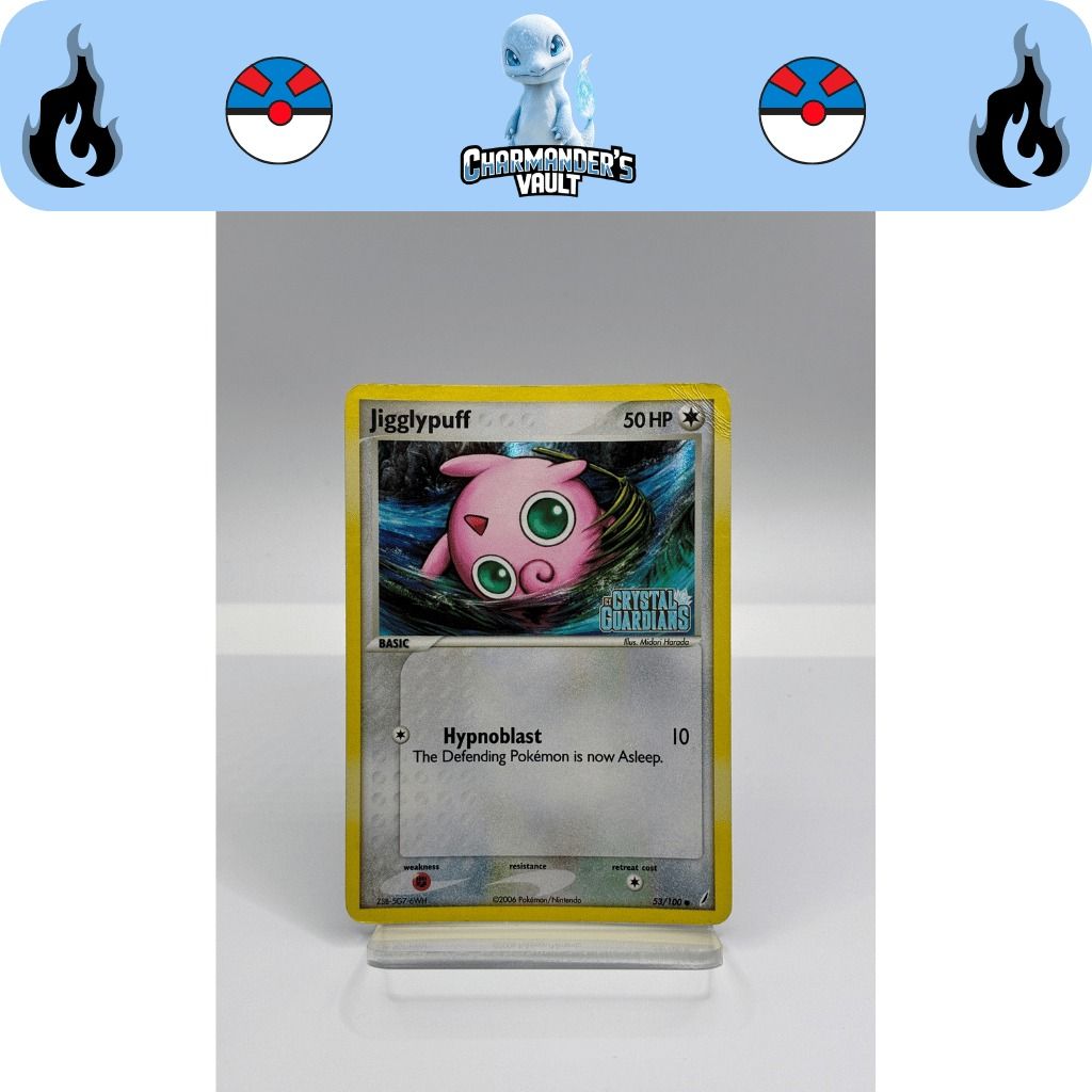 Jigglypuff [Reverse Holo] #053/100 EX Crystal Guardians Vintage 2006 Pokémon TCG - Creased (Category: Toys & Games) located in Ipoh. Submitted by charmandersvault (Listing ID 1450915484, Image 1). Description: - Reverse Holo - Moderately played condition (MP) (Creased) - Card comes with sleeve and top loader - 100% Authentic & Original card.
