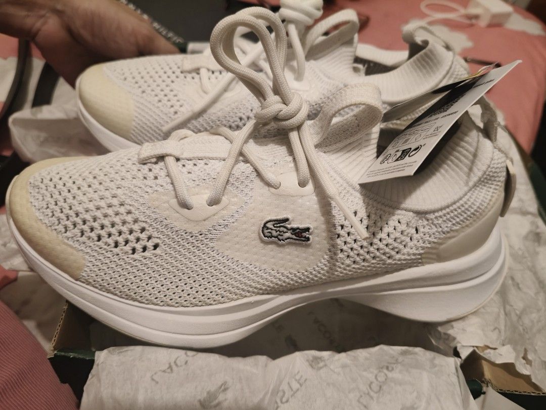 Lacoste Run Spin Knit 123 White Textile Sneakers (Category: Sneakers) located in Cavite. Submitted by FashionBlock (Listing ID 1450838747, Image 2). Description: - White Lacoste sneakers - Knit textile upper - Lace-up closure - Ortholite insole for enhanced comfort - Includes original box and tissue paper - Size: 3 UK / 38.5 EU.