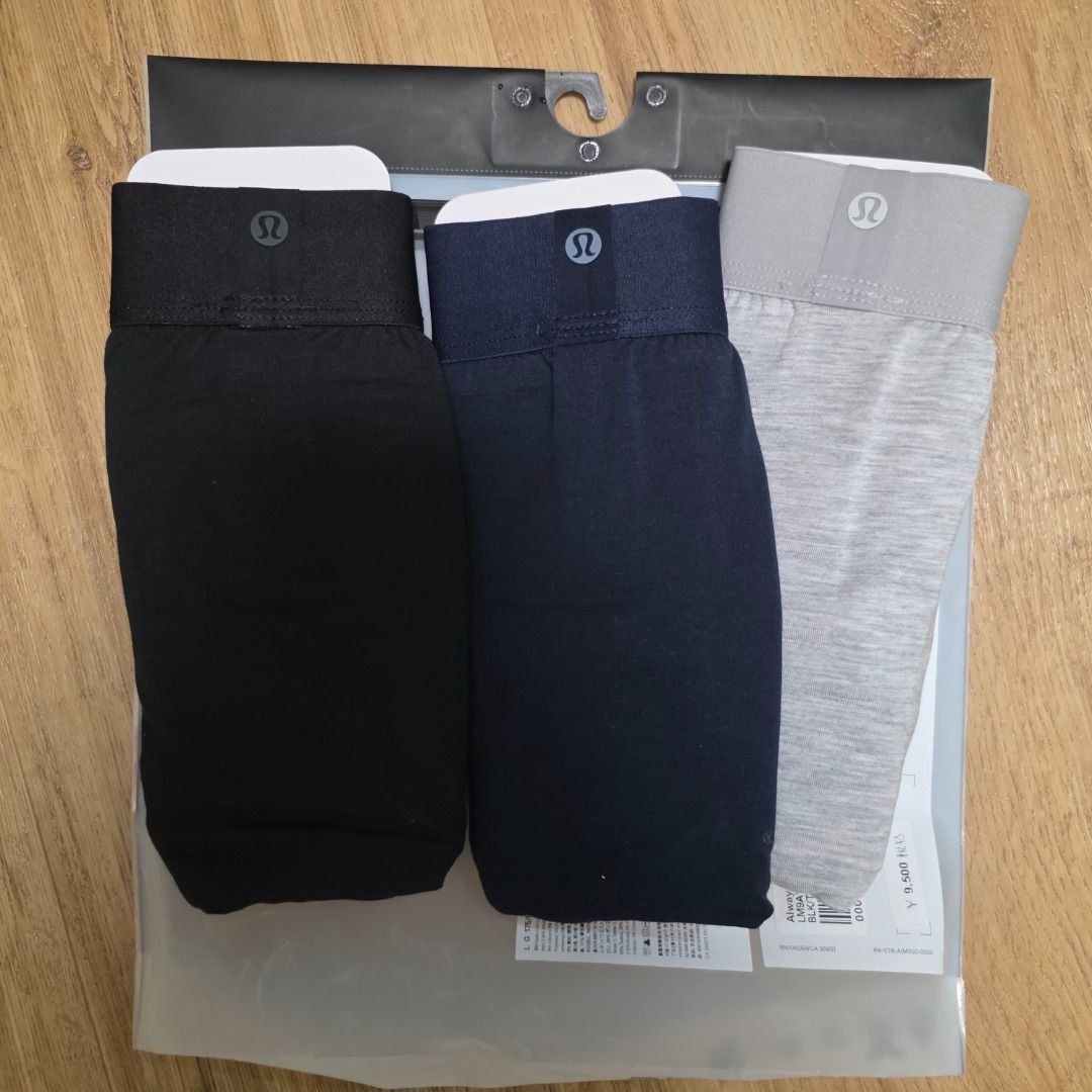 Lululemon brief 3 pack (always in motion/Modal) - L (Category: Underwear) located in Manila. Submitted by irc8888 (Listing ID 1450782081, Image 3). Description: Lululemon Brief (3 pack) - Model: Always In Motion - Material: Modal - Size: Large (L) - Colors: Black, Navy, Grey - Condition: Brand new Bought in Japan for Y9500 shipping only, c/o buyer https://www.lululemon.co.jp/ja-jp/p/always-in-motion-%E3%83%96%E3%83%AA%E3%83%BC%E3%83%95-3p%E3%83%9