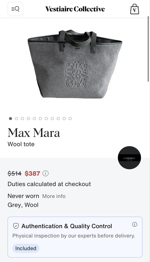 Max Mara maxi wool tote in gray with pouch (Category: Luxury Bags & Wallets) located in Makati City. Submitted by icollectpo (Listing ID 1450783275, Image 2). Description: Hard to source. ✨ Prettier in person! Can request video call to inspect the item po. Open to layaway up to 6 months 🍀.