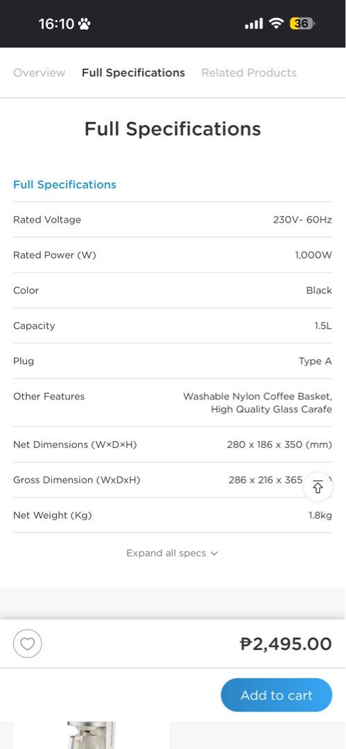 Midea 12 Cups Coffee Maker (Black) MA-D1502W2ME (Category: Coffee Machines & Makers) located in Manila. Submitted by angelikariczyguevarra (Listing ID 1450812814, Image 3). Description: For sale Midea Coffee Maker 1.7L Brand new (sealed) * Optimal Brewing Temperature * Led touch control * Heat - preserving base * Easy view water level window * Aroma function * Removable coffee basket Voltage: 230V Frequency: 60hz Power: 1000W Website Price: 2,495