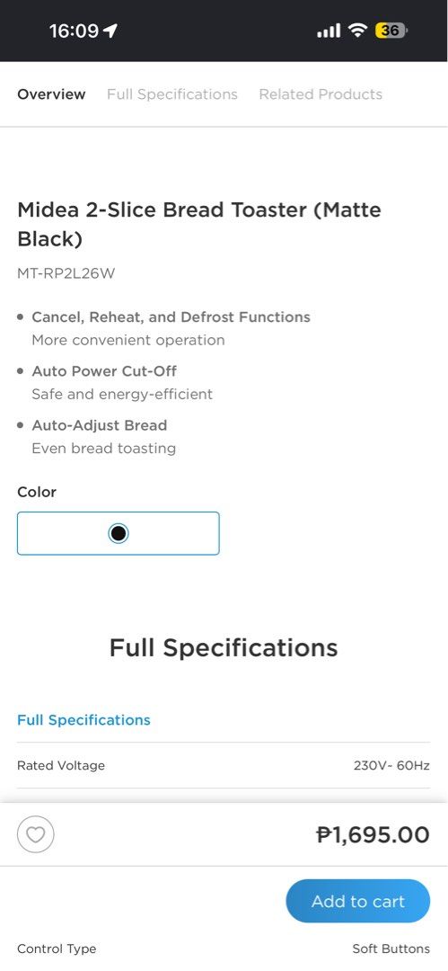 Midea 2 Slice Bread Toaster Matte Black (Category: Ovens & Toasters) located in Manila. Submitted by angelikariczyguevarra (Listing ID 1450812222, Image 2). Description: For sale Midea 2 Slice Bread Toaster Matte Black Brand new (sealed) * quick heating * Removable crumb tray * 7 browning control * Cord storage and anti - slip feet * Defrost / reheat / cancel Voltage: 230v Rated power: 875W Website Price: 1,695 Selling price: 1,500.