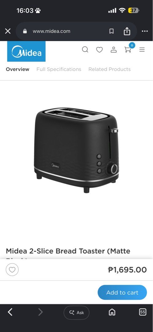 Midea 2 Slice Bread Toaster Matte Black (Category: Ovens & Toasters) located in Manila. Submitted by angelikariczyguevarra (Listing ID 1450812222, Image 1). Description: For sale Midea 2 Slice Bread Toaster Matte Black Brand new (sealed) * quick heating * Removable crumb tray * 7 browning control * Cord storage and anti - slip feet * Defrost / reheat / cancel Voltage: 230v Rated power: 875W Website Price: 1,695 Selling price: 1,500.