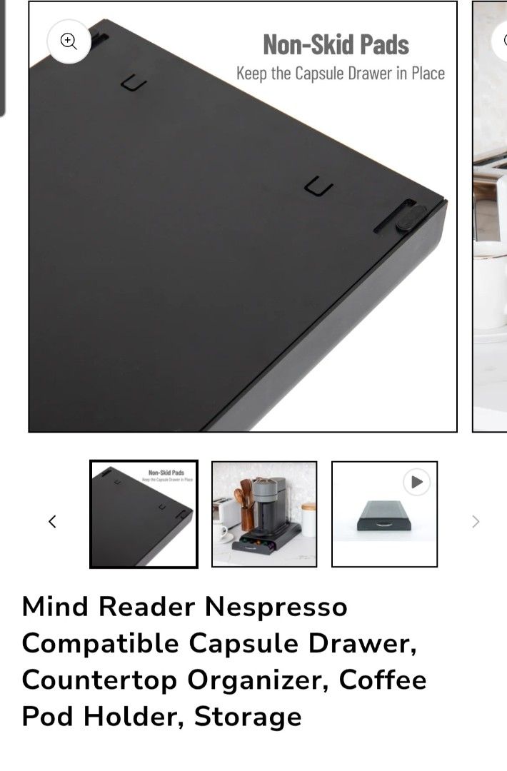 Mind Reader Nespresso Compatible Capsule Drawer Organizer (Category: Coffee & Tea Tableware) located in San Juan City. Submitted by illymisu (Listing ID 1450780774, Image 2). Description: - Keep your coffee pods tidy and organized. - Designed to fit perfectly under your Nespresso machine. - Ample storage space for a large number of capsules. - Sleek black finish complements any kitchen decor. - Features non-skid pads on the bottom for stability. 