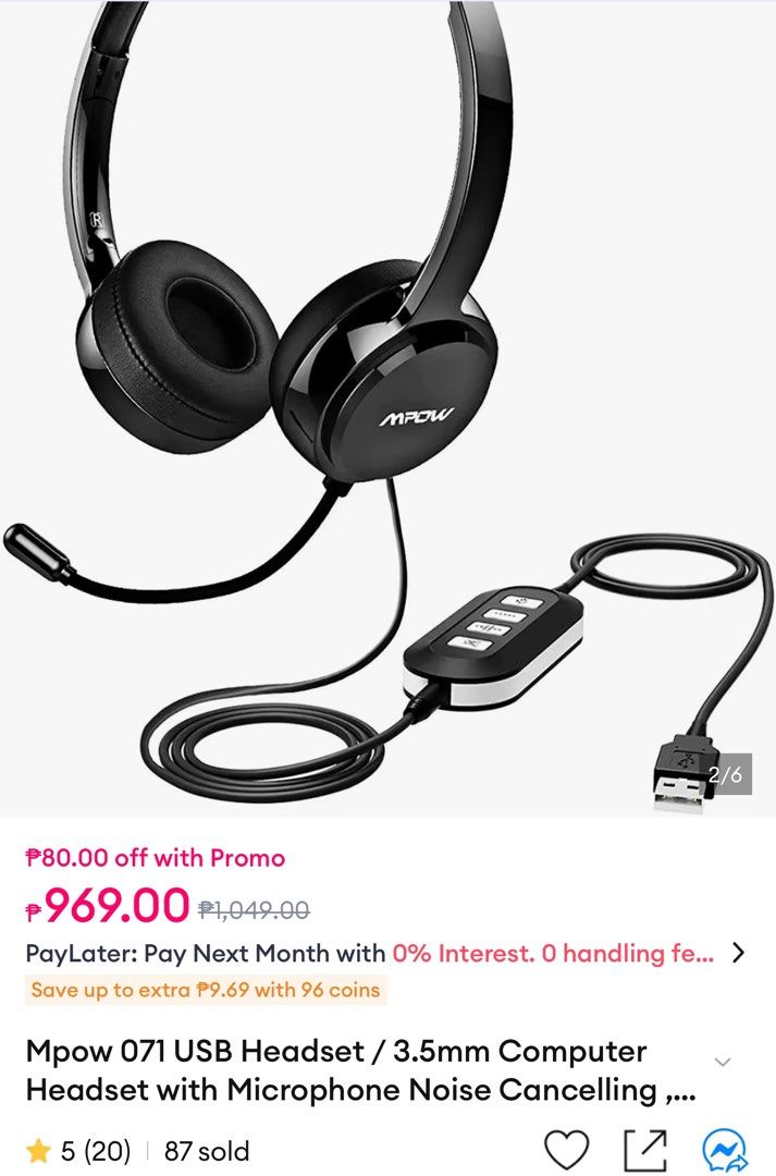 Mpow 071 USB Headset with Noise Cancelling Microphone (Category: Headphones & Headsets) located in Manila. Submitted by starbalesukandjapansurplus (Listing ID 1450761295, Image 1). Description: - Mpow 071 USB Headset - Noise-cancelling microphone for clear calls - Flexible mic boom for optimal positioning - 90-degree rotatable earcups for enhanced comfort - Breathable earmuffs for extended wear - Ideal for online meetings and voice calls.