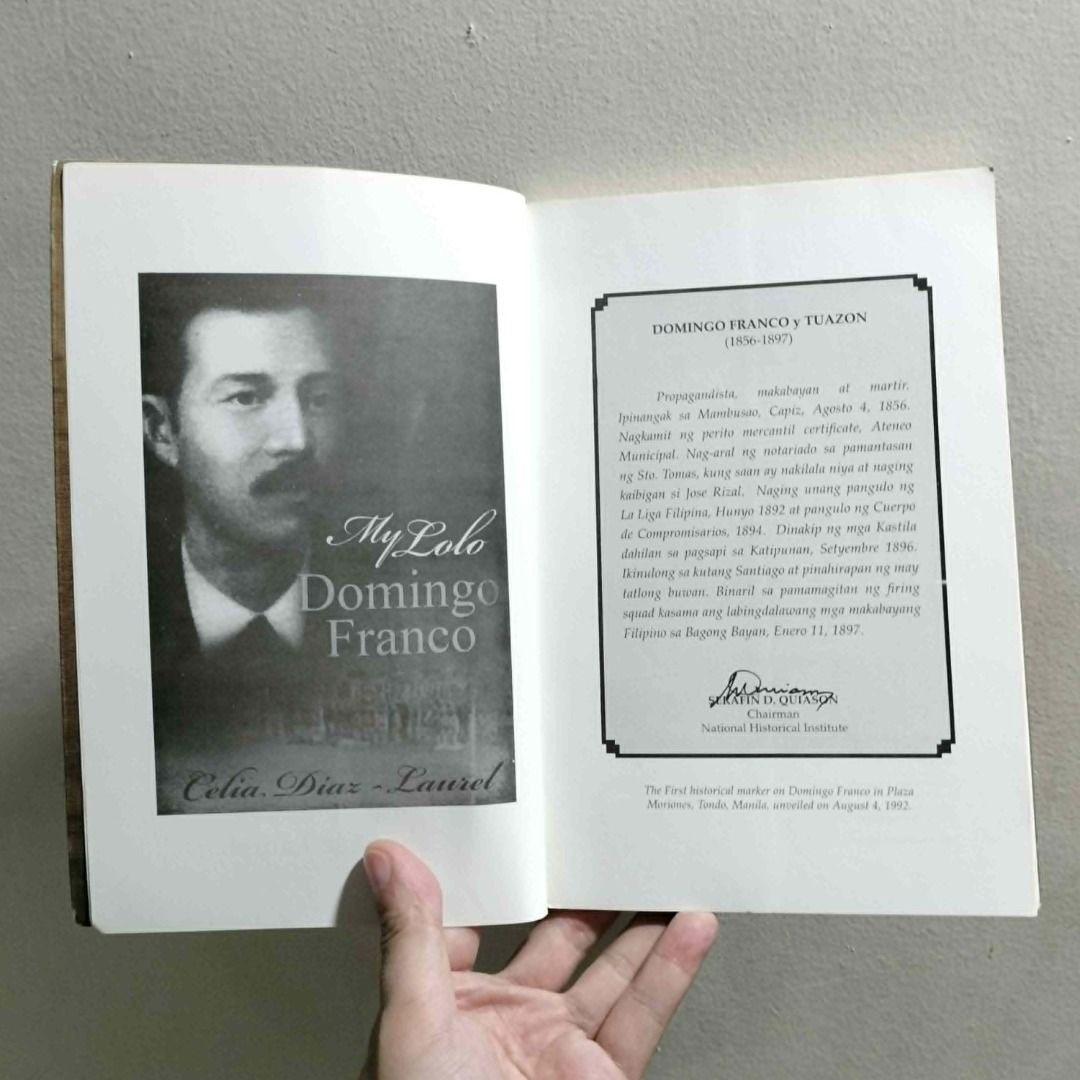 MY LOLO DOMINGO FRANCO (Category: Storybooks) located in Antipolo. Submitted by serjyms (Listing ID 1450819441, Image 3). Description: MY LOLO DOMINGO FRANCO Celia Diaz-Laurel Self-published 2011, Paperback, 134 pages 3 Copies Available Selling Price: Php299+sf Condition: Good Condition Location: Antipolo City, Rizal Mode of Payment: GCash Mode of Delivery: J&T, LBC, Lalamove For inquiries, feel free to message me. Thank you po :)).