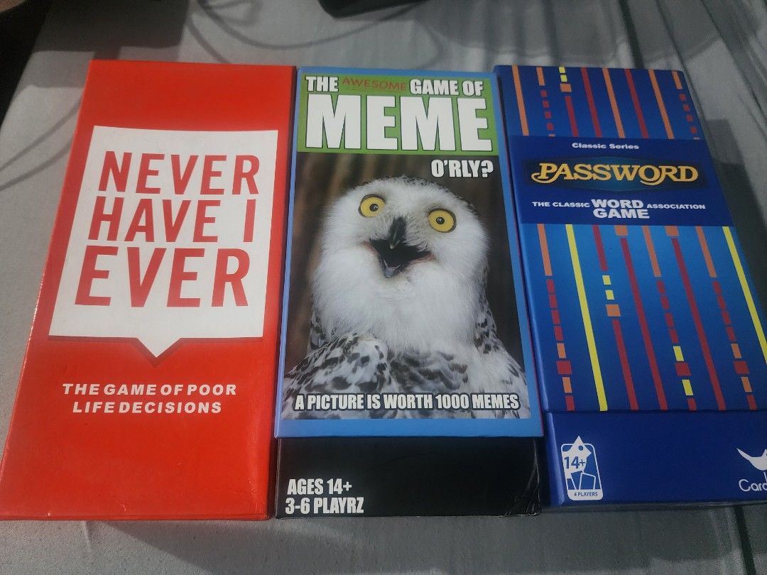 Never Have I Ever, Meme Game, Password Board Games Bundle (Category: Board Games & Puzzles) located in Caloocan City. Submitted by hadoudourut (Listing ID 1450802853, Image 1). Description: - Bundle includes 3 fun party games: Never Have I Ever (The Game of Poor Life Decisions), The Game of Meme (O'RLY?), and Password (The Classic Word Association Game). - Perfect for exciting game nights with friends. - Suitable for ages 14 and up. - Designed fo
