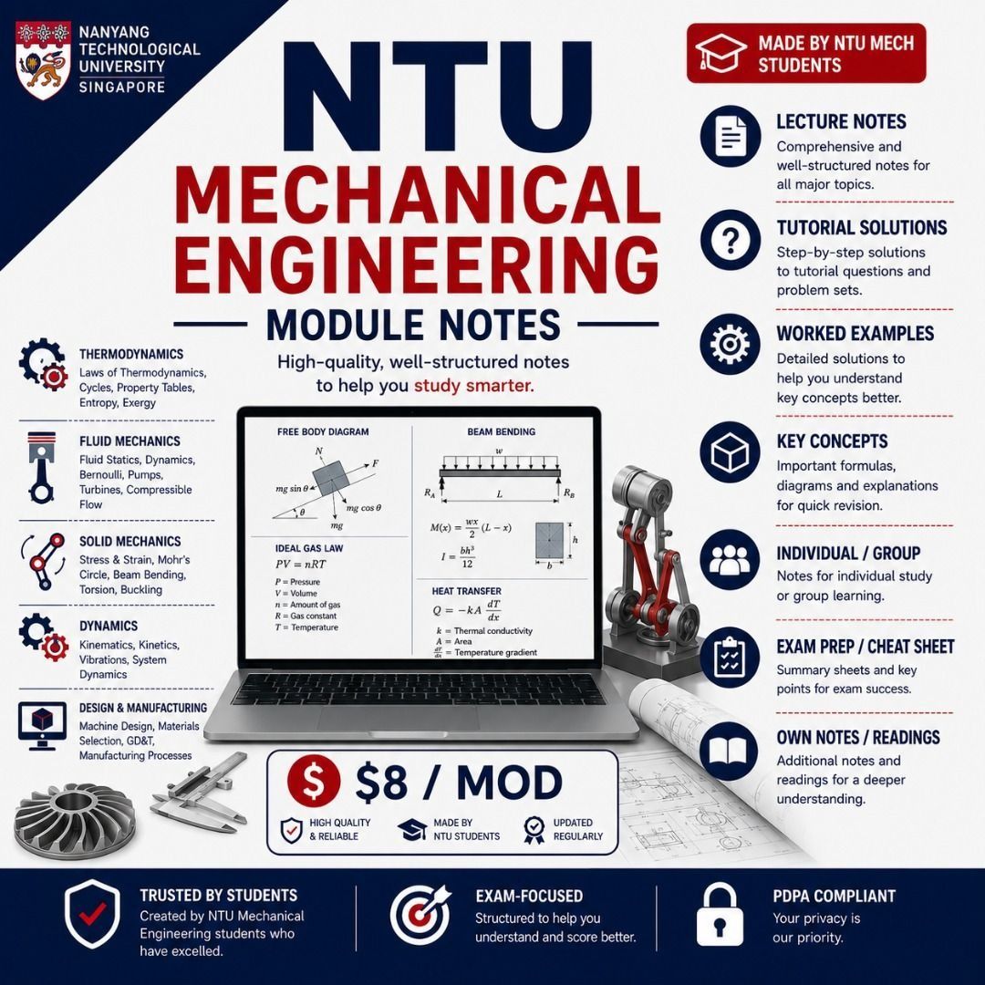 NTU Mechanical Engineering Module Notes A+ (Category: Textbooks) located in Singapore. Submitted by igotnoteslah (Listing ID 1450802882, Image 1). Description: All the modules listed: $38.00 Per module: $8.00 Download link will be provided once payment is made. ALL YOU NEED to do well in school. What we have, we provide. EG0001 Engineers and Society MA0101 Engineers and Society MA1001 Dynamics MA1002 Fundamentals of Engineering Materials MA1008 I
