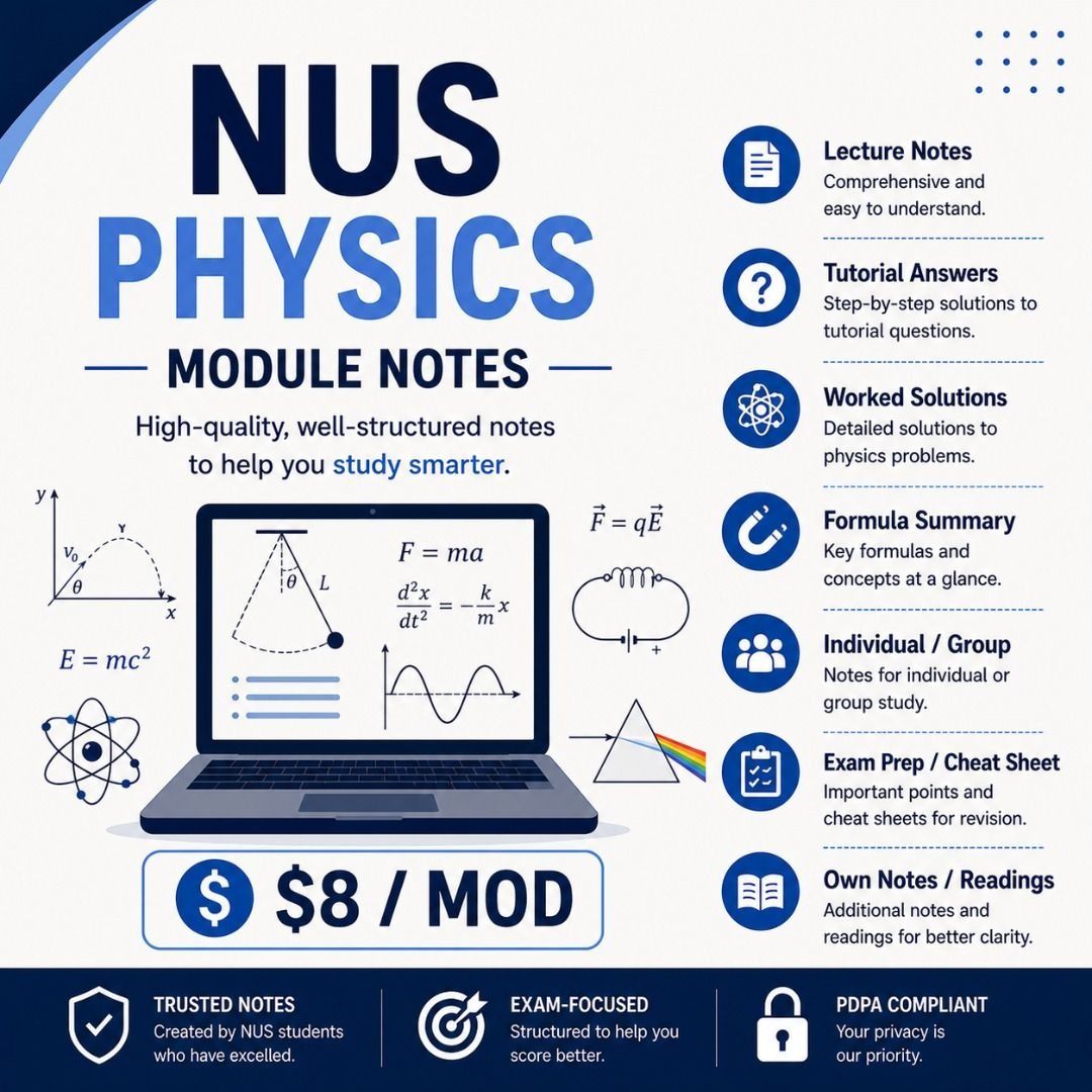 NUS Physics Module Notes A+ (Category: Textbooks) located in Singapore. Submitted by igotnoteslah (Listing ID 1450801545, Image 1). Description: All the modules listed: $38.00 Per module: $8.00 Download link will be provided once payment is made. ALL YOU NEED to do well in school. What we have, we provide. PC1141 Introduction to Classical Mechanics PC1142 Introduction to Thermodynamics and Optics PC1143 Introduction to Electricity & Magnetism PC1