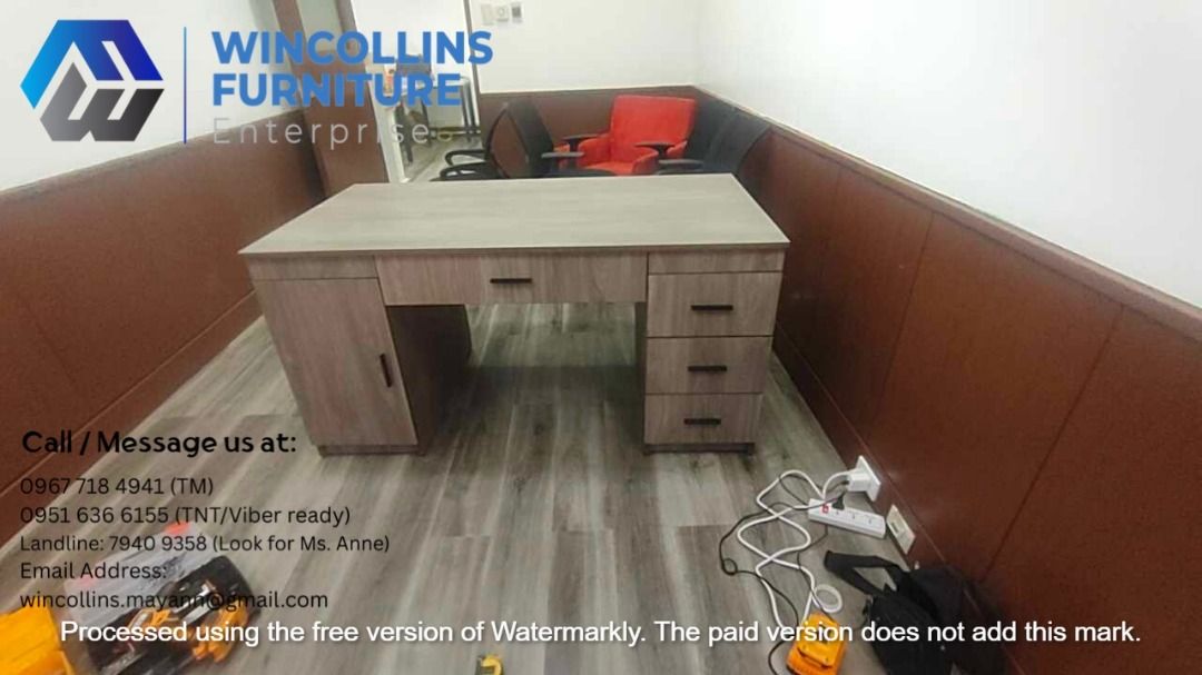 Office Table with side cabinet and central drawer (Category: Tables & Sets) located in Quezon City. Submitted by wincocami_ (Listing ID 1450786892, Image 2). Description: Office table with center drawer with Side Drawers (both sides) with safety lock and swing door cabinet Color: Wenge / Beech.