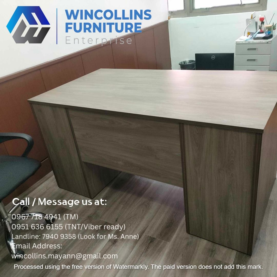 Office Table with side cabinet and central drawer (Category: Tables & Sets) located in Quezon City. Submitted by wincocami_ (Listing ID 1450786892, Image 3). Description: Office table with center drawer with Side Drawers (both sides) with safety lock and swing door cabinet Color: Wenge / Beech.