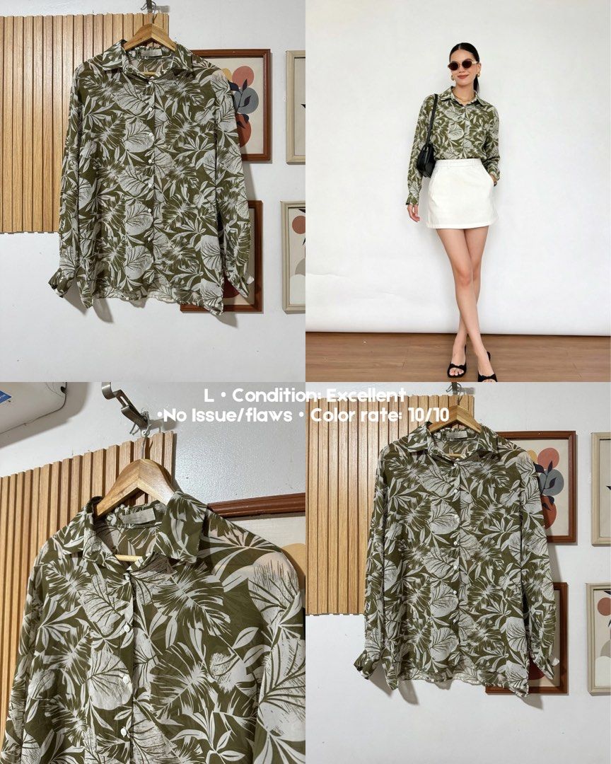 Olive Green Leaf Print Long Sleeve Button Up Shirt (Category: Longsleeves) located in Talavera. Submitted by trendzone.collection (Listing ID 1450774588, Image 1). Description: - Olive green long-sleeved shirt - White leaf print - Classic collar with button cuffs - Size L - Perfect for casual or dressed-up outfits - No issues or flaws.