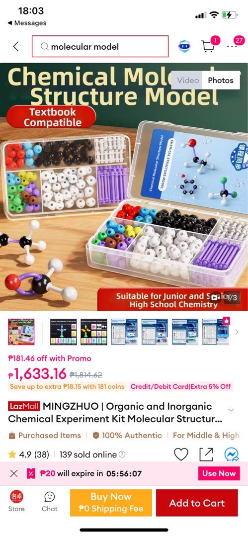 Organic Chemistry Molecular Kit (Category: Textbooks) located in Caloocan City. Submitted by zyieone (Listing ID 1450833915, Image 1). Description: Molecular kit used for chemistry class (practical exams and demonstrations). May basbas po, uno sa chem yung gumamit HAHAHA! Free organizer (since the orginal container came damaged) DM for more pictures^^.