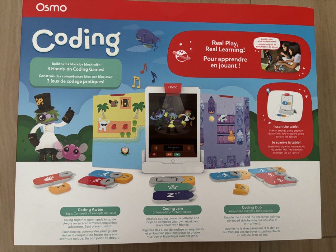 Osmo Coding Starter Kit for iPad - Learn to Code! （分類：益智學習玩具）位於 Hong Kong。 由 cwl1127 提交（商品編號 1450832644，圖片 2）。簡介： Transform your tablet into a hands-on coding adventure! This Osmo Coding Starter Kit teaches the basics of coding, computational thinking, loops, and problem-solving. It includes 3 hands-on coding games: Coding Awbie, Coding Jam, and Coding Duo. Suitable for ages 5-10. Works with iPad. Great for kids to learn STEM skills through play.