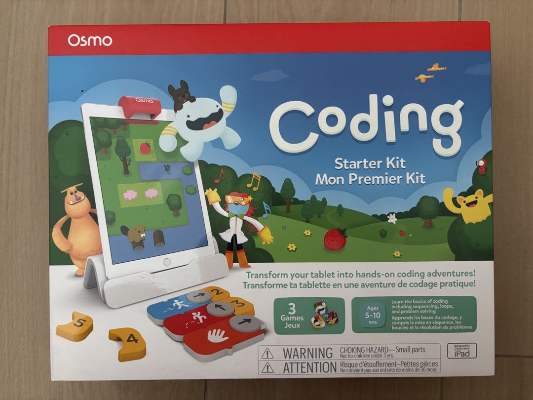 Osmo Coding Starter Kit for iPad - Learn to Code! （分類：益智學習玩具）位於 Hong Kong。 由 cwl1127 提交（商品編號 1450832644，圖片 1）。簡介： Transform your tablet into a hands-on coding adventure! This Osmo Coding Starter Kit teaches the basics of coding, computational thinking, loops, and problem-solving. It includes 3 hands-on coding games: Coding Awbie, Coding Jam, and Coding Duo. Suitable for ages 5-10. Works with iPad. Great for kids to learn STEM skills through play.