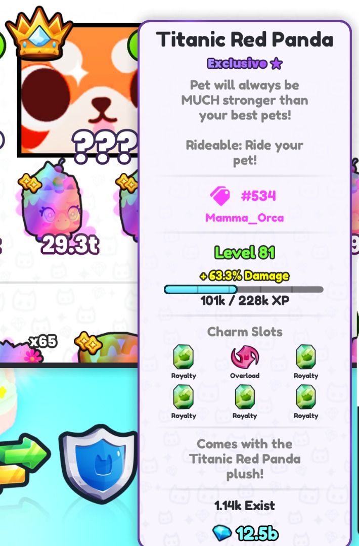 Pet Sim 99 Titanics (Category: In-Game Products) located in Kuala Lumpur. Submitted by ojgaming5678e7 (Listing ID 1450773566, Image 3). Description: - Exclusive Titanic pets for Pet Sim 99 - Significantly stronger than standard pets - Rideable for an enhanced in-game experience - Available pets include Titanic Cheerful Yeti and Titanic Red Panda - Powerful additions to any Pet Sim 99 collection.