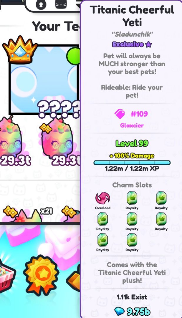 Pet Sim 99 Titanics (Category: In-Game Products) located in Kuala Lumpur. Submitted by ojgaming5678e7 (Listing ID 1450773687, Image 2). Description: - Exclusive Pet Sim 99 Titanic pets - Titanic Cheerful Yeti: Level 99, high damage, rideable - Titanic Red Panda: Powerful, rideable - Pets are significantly stronger than standard pets.