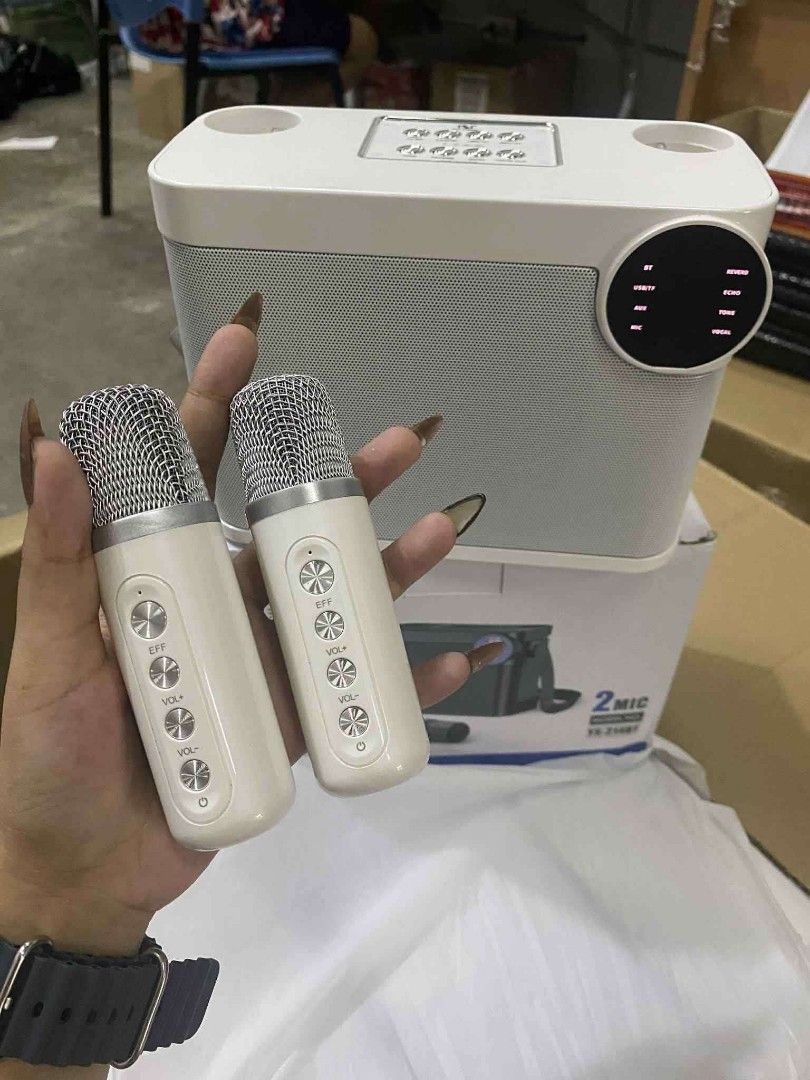 Portable Bluetooth Speaker with 2 Wireless Microphones (Category: Soundbars, Speakers & Amplifiers) located in Manila. Submitted by yongyongse72148 (Listing ID 1450913789, Image 3). Description: Portable karaoke speaker with 2 wireless mics. Bluetooth enabled. Available in black, mint green, white, pink. Includes all accessories..